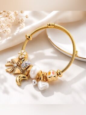 Gold Charm Bangle Bracelet with White and Iridescent Accents